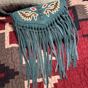 Wrangler Embroidered Teal Crossbody Bag with Fringe